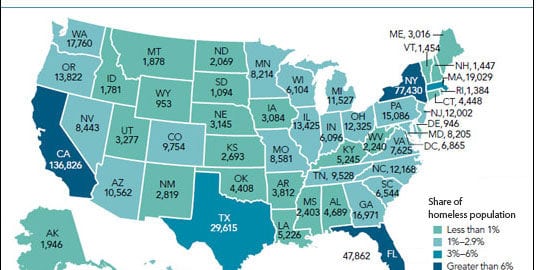 2013 US homeless population by state.