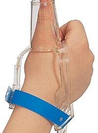 Here's an alt tag for the image: Thumb splint with blue wristband.