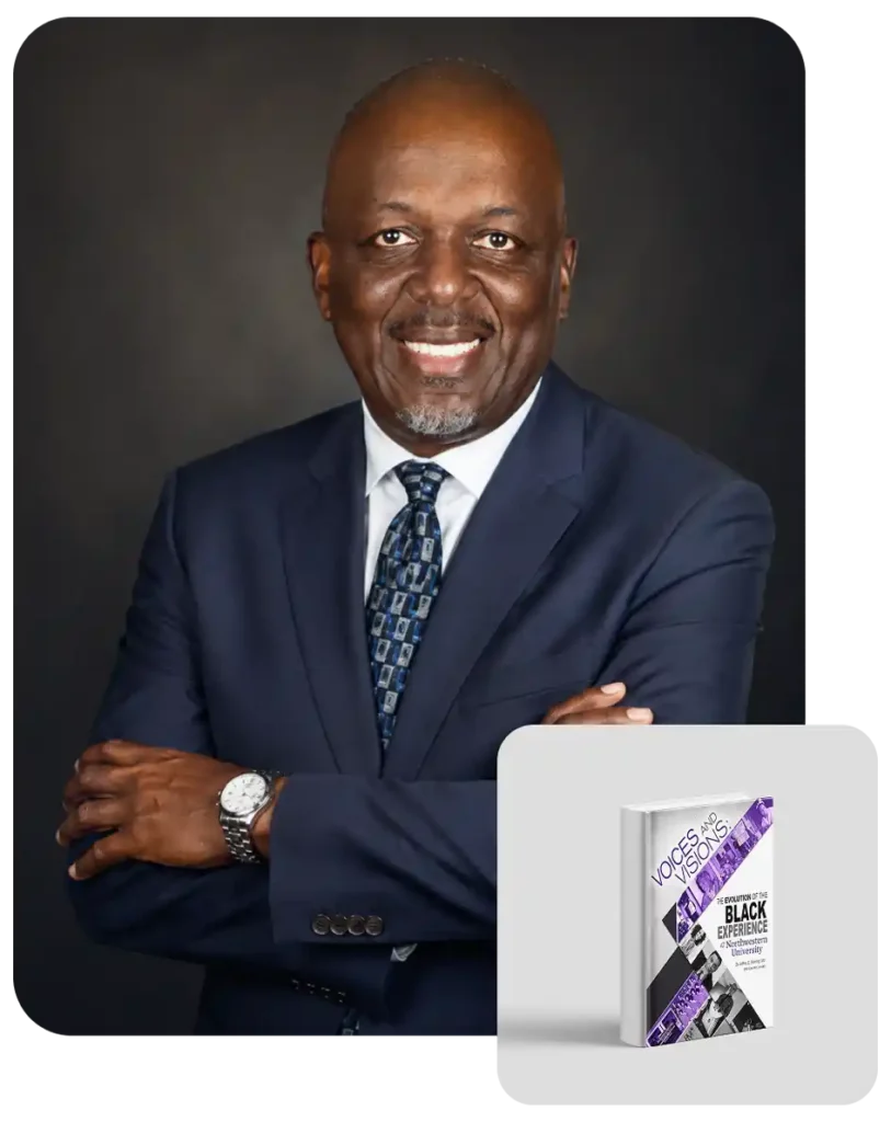 Smiling man in suit with book inset